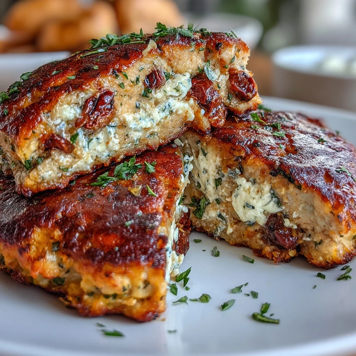 Flavorful Mediterranean chicken patties with feta, herbs, and olives, golden and juicy, served with fresh cucumbers and tomatoes.  