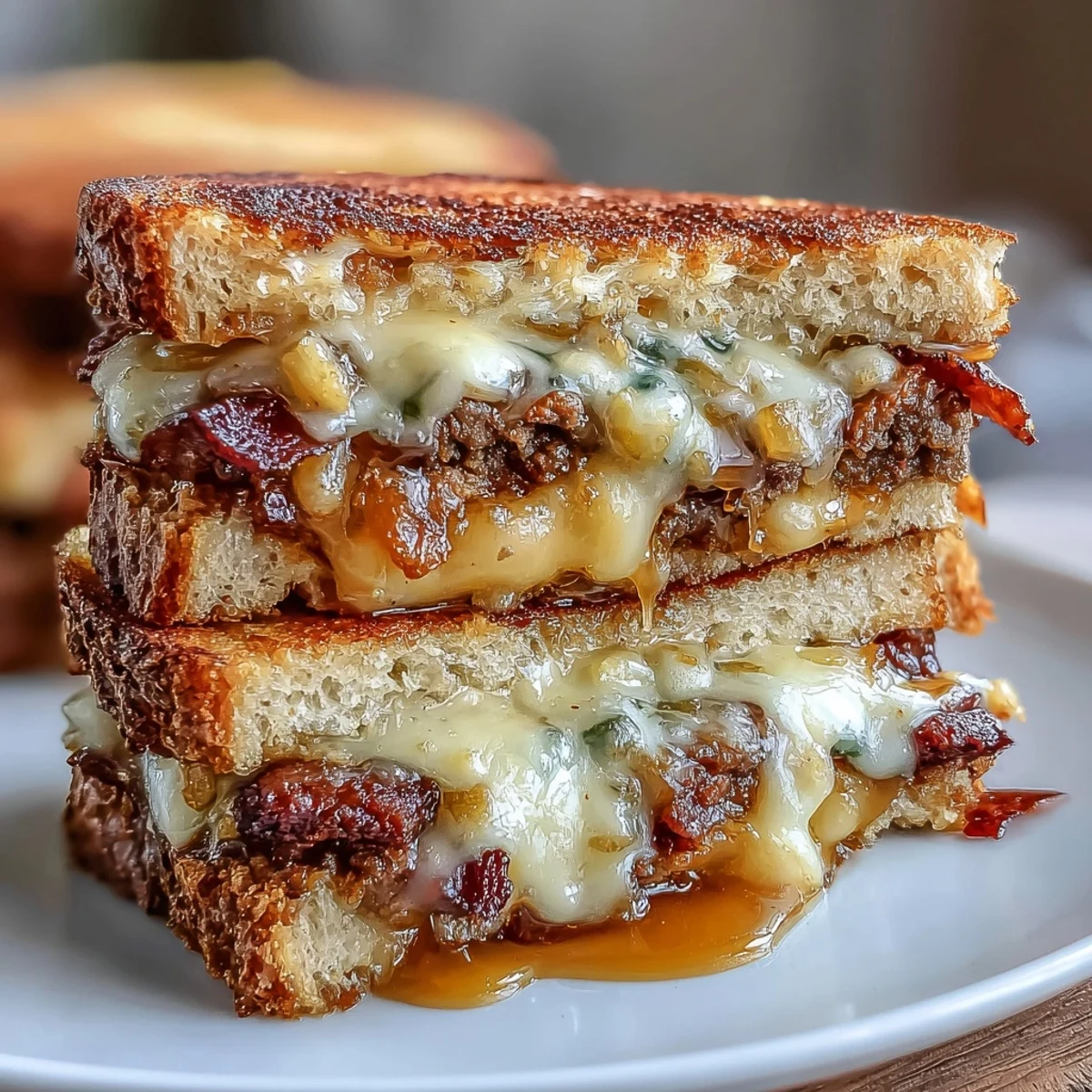 2. Melted sharp cheddar and crispy beef bacon layered with tart apple in a hot honey-infused grilled cheese sandwich.