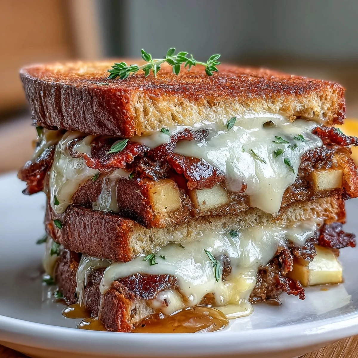 3. Gourmet grilled cheese featuring tangy cheddar, smoky beef bacon, fresh apple, and a spicy-sweet hot honey drizzle.