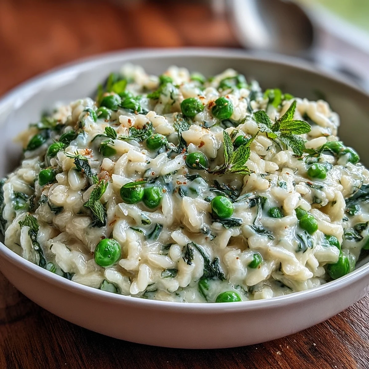 A creamy risotto bowl with tender spring peas, fresh mint, and Parmesan cheese, garnished with lemon zest and extra mint leaves.
