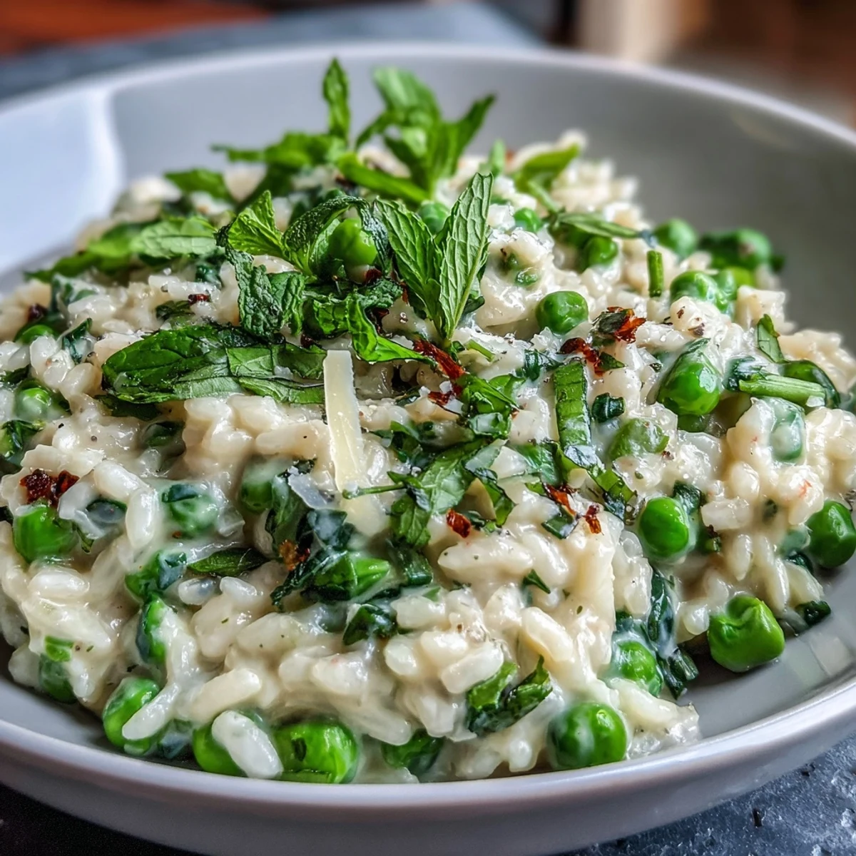 Golden risotto studded with vibrant green peas and fresh mint, topped with grated Parmesan for a rich, satisfying vegetarian dish.