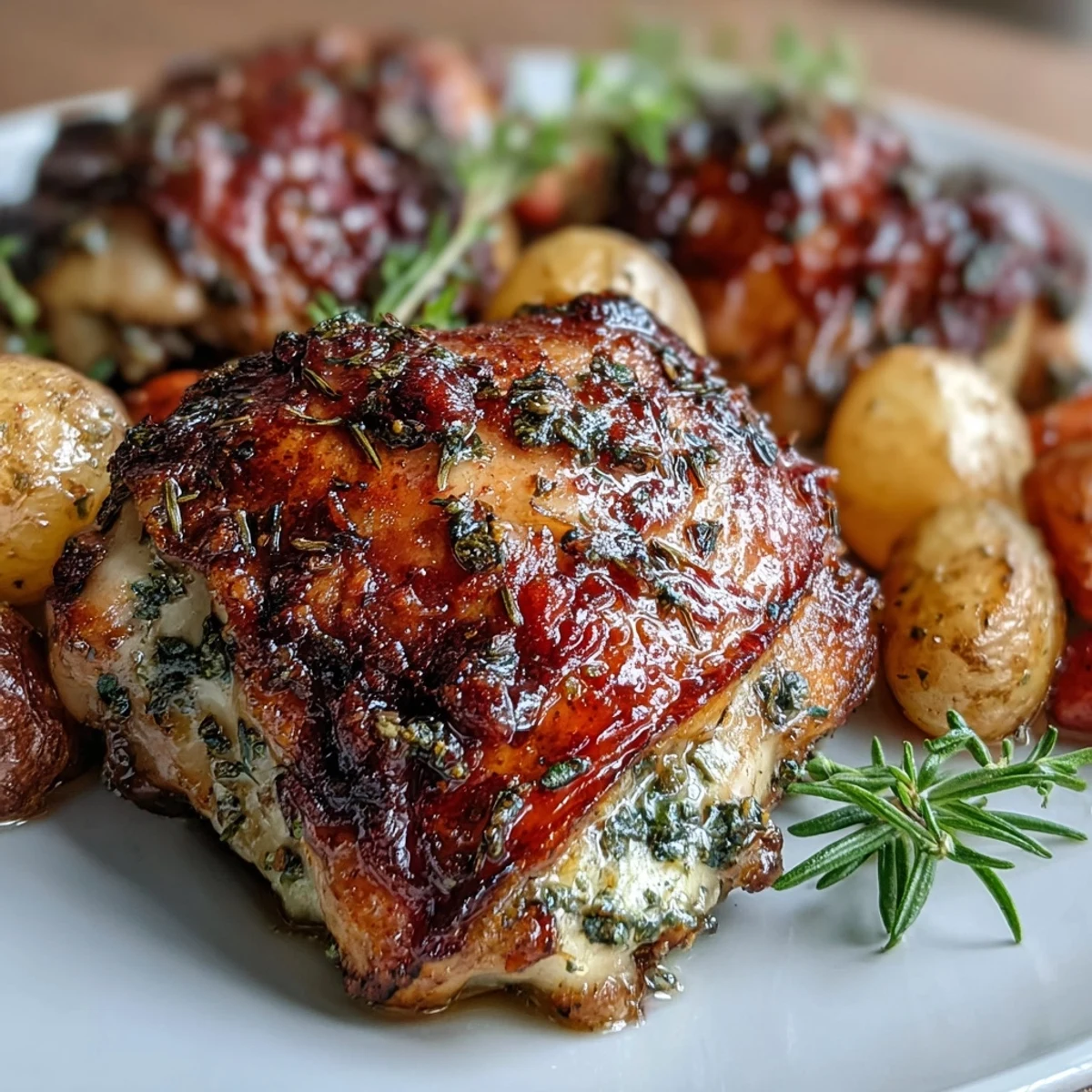 Golden herb-roasted chicken thighs with crispy skin nestled among tender baby potatoes and sweet roasted carrots in a rustic one-pan meal.  