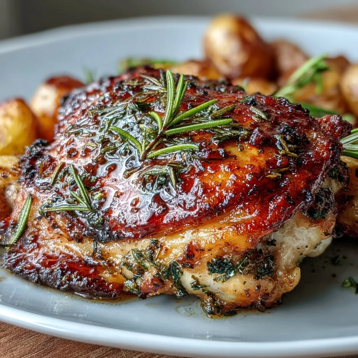 Aromatic rosemary and thyme-seasoned chicken thighs roast alongside buttery baby potatoes and caramelized carrots for a comforting dinner.  