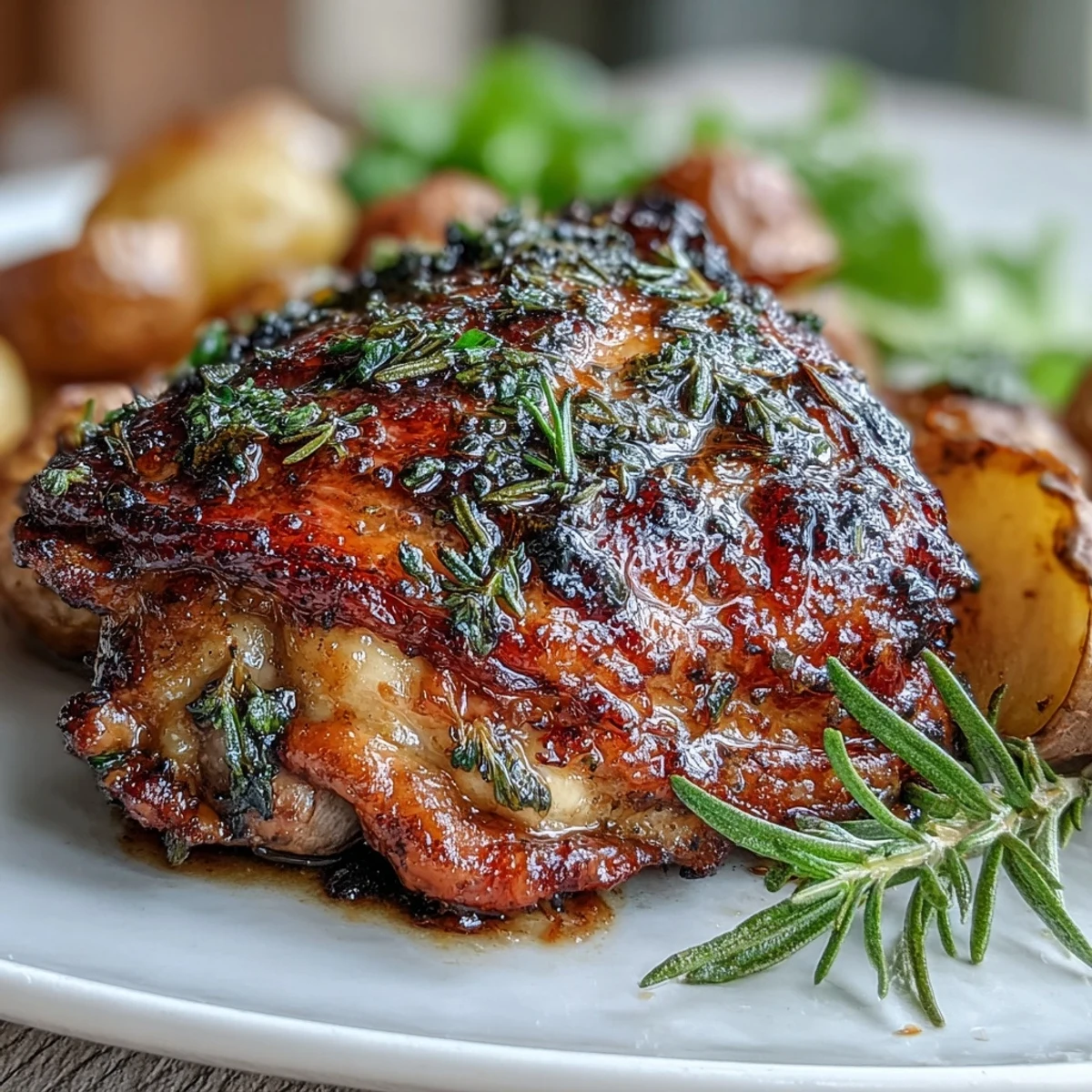 Juicy bone-in chicken thighs with golden, herb-crusted skin served over a medley of roasted baby potatoes and vibrant carrots.