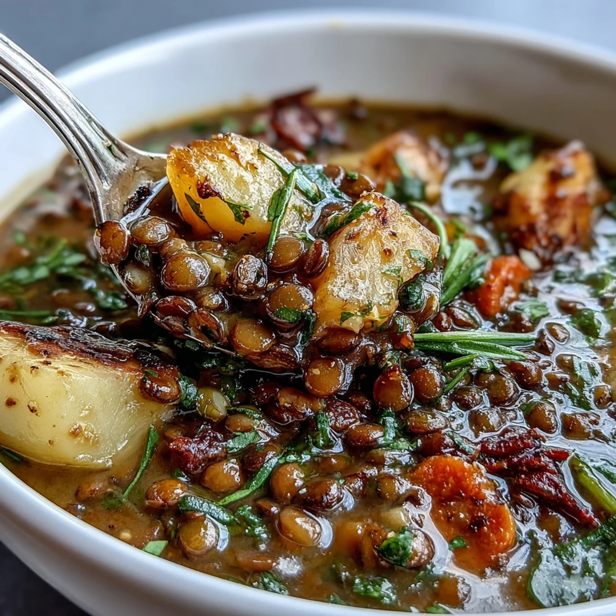 Warm bowl of vegetarian green lentil stew featuring sweet carrots, diced potatoes, and aromatic thyme seasoning.  