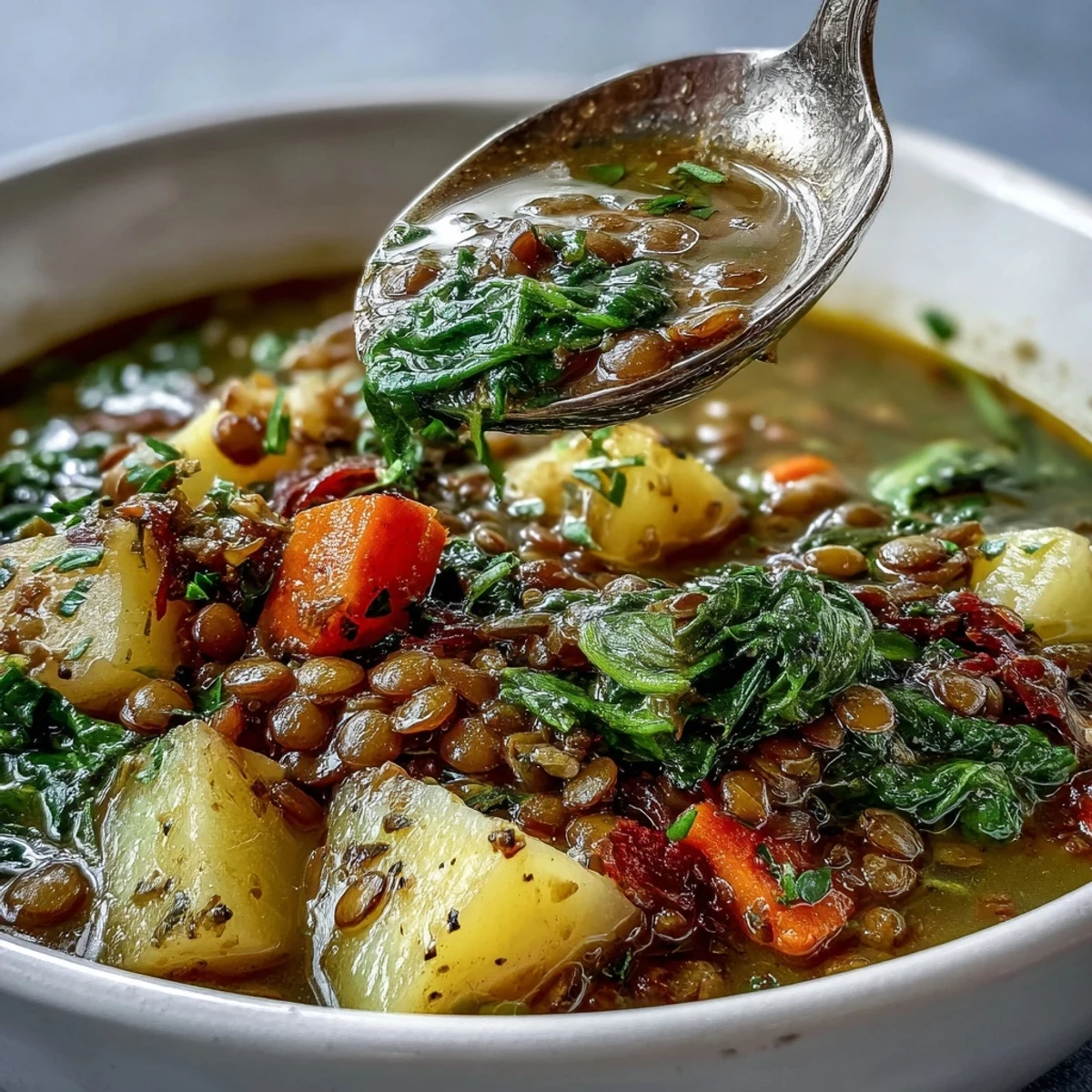 Nourishing little sprout green lentil stew with fresh spinach, hearty vegetables, and zesty lemon for bright flavor.