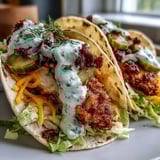 Sizzling ranch-seasoned chicken thighs smashed thin, topped with dill pickles and creamy sauce inside a taco.