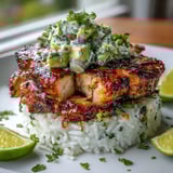 Sliced Tangy Honey Lime Chicken stacked with fragrant rice and avocado, garnished with bright lime wedges.