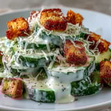 Cucumber Caesar Salad garnished with crispy croutons and shaved Parmesan, served in a rustic white bowl.