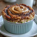 Cinnamon Swirl Protein Banana Baked Oats bubbling in a ramekin, golden top with warm cinnamon ribbon
