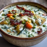 Creamy Garlic Parmesan Veggie Soup steams in a rustic bowl, showing a golden, cheesy broth with colorful diced vegetables and a comforting spoonful. 