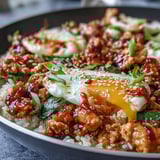 A savory one-pan Creamy Korean Turkey Rice Skillet with fluffy rice, wilted spinach, and a glossy red sauce in a skillet.