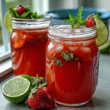 A tall glass of strawberry basil lemonade with fresh basil leaves and sliced strawberries floating in ice.