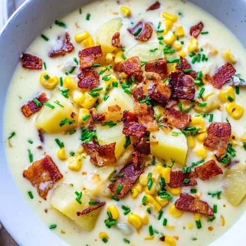 Creamy, golden Corn Chowder, garnished with bacon and chives, offers warmth and comfort in a bowl.