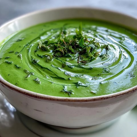 Creamy spinach soup in a white bowl garnished with a swirl of cream, served with crusty bread on the side.