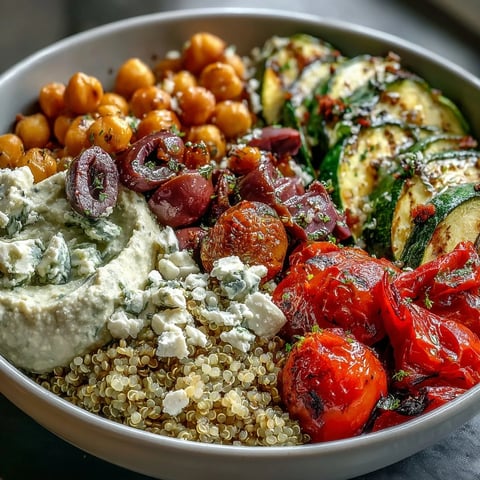 A vibrant Mediterranean Buddha Bowl with fluffy quinoa, roasted vegetables, hummus, and crumbled feta, ready to serve.