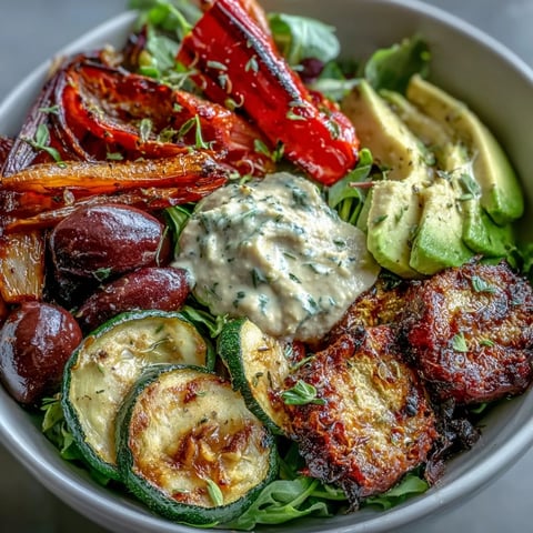 Vegan Mediterranean Buddha Bowl filled with roasted zucchini, bell peppers, and creamy avocado on a bed of greens.