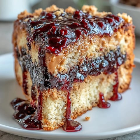 Moist peanut butter cake layers with black currant sauce are sliced to reveal the rich jam filling for a classic dessert twist.