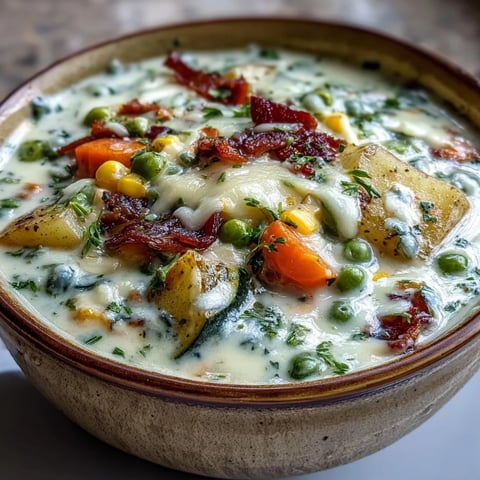 Creamy Garlic Parmesan Veggie Soup steams in a rustic bowl, showing a golden, cheesy broth with colorful diced vegetables and a comforting spoonful. 