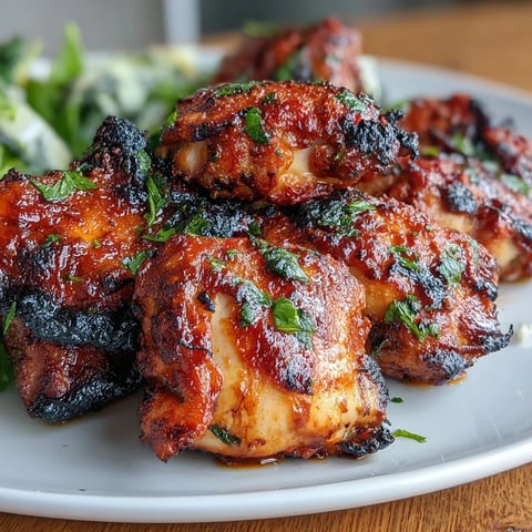 Vibrant tandoori chicken thighs with smoky char, served on a platter with fresh lemon wedges and herbs.  