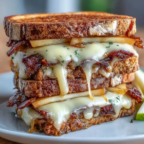 1. Hot Honey Apple Cheddar Beef Bacon Grilled Cheese with golden-brown sourdough, smoky bacon, and crisp apple slices.