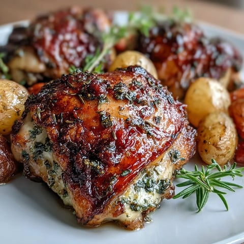 Golden herb-roasted chicken thighs with crispy skin nestled among tender baby potatoes and sweet roasted carrots in a rustic one-pan meal.  