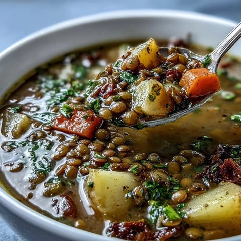 Hearty little sprout green lentil stew with tender carrots and creamy potatoes in a fragrant herb broth.  