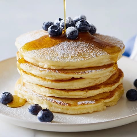 A stack of fluffy Light and Fluffy Ricotta Pancakes with fresh berries and a dusting of powdered sugar.