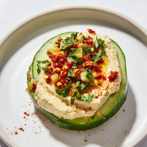 Quick hummus and cucumber bites: Cool cucumber rounds topped with smooth hummus, sprinkled with paprika for color.
