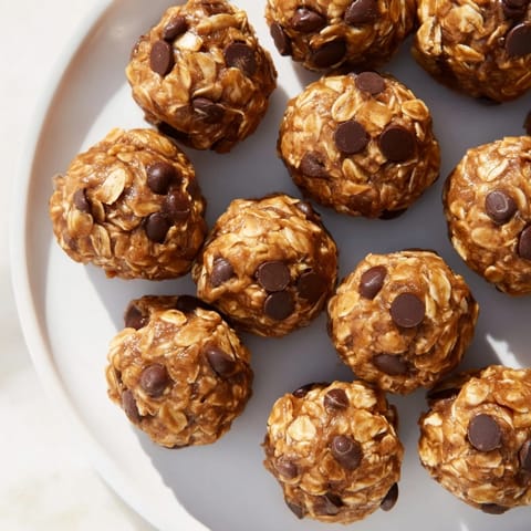 These no-bake peanut butter energy balls are studded with chocolate chips, perfect for a quick snack.
