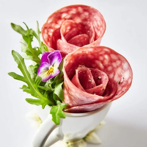 A close-up of the delicious The Victorian Tea Rose, with savory salami and pepperoni roses artfully arranged.