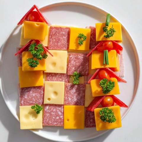 This Checkerboard Chalet appetizer showcases layers of cheese and meat creating a delicious, party-ready display.