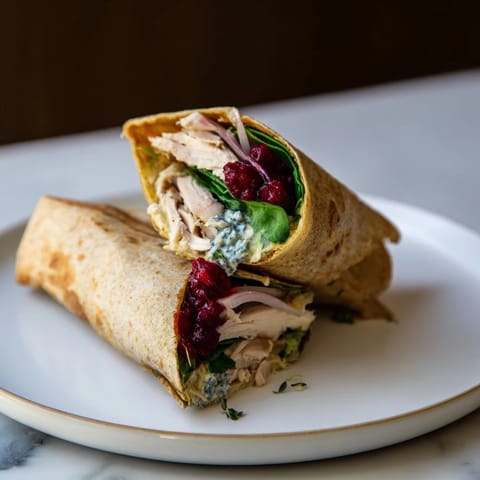 Warm, toasted Chicken and Brie Holiday Wrap, showcasing savory chicken and cranberry fillings just melting.