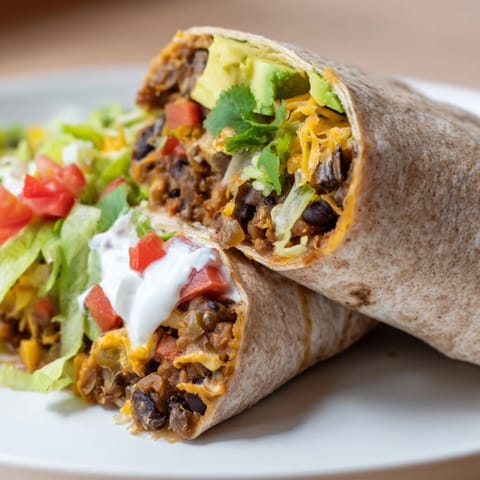 A wrapped Smoky Black Bean Burrito showing a cross-section revealing savory black beans and fresh fillings.