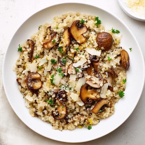 A close-up shot of mushroom quinoa risotto, showcasing the rich, earthy flavors and texture.