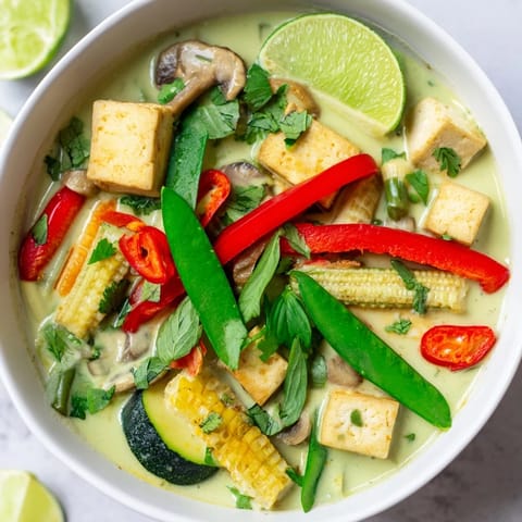 Creamy, flavorful Thai Green Curry Coconut Soup with tender vegetables, ready to enjoy.