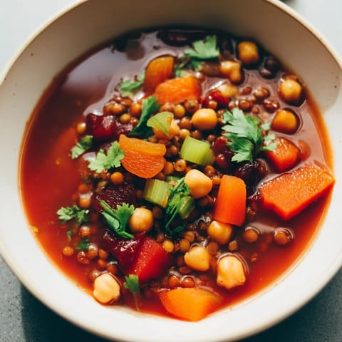 Warm, flavorful North African Harira soup with chickpeas and lentils, perfect for a cozy dinner.