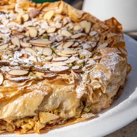 Golden-brown Moroccan Pastilla Pie, filled with savory chicken and fragrant spices, ready to be served.