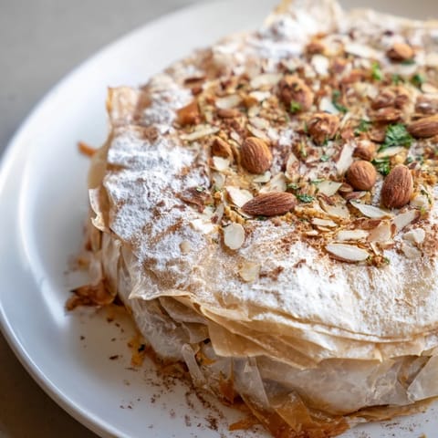 A close-up view of the flaky, buttery layers of a prepared Moroccan Pastilla Pie, dusted with sugar.