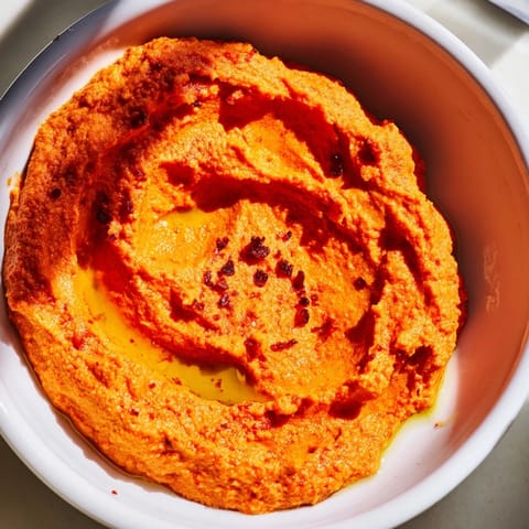 A vibrant bowl of homemade Roasted Red Pepper Hummus drizzled with olive oil, perfect for dipping pita chips.