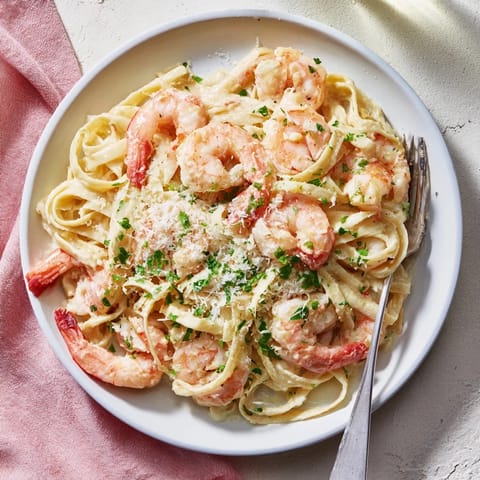 Close-up view of succulent shrimp in a rich parmesan cream sauce, garnished with fresh parsley and served with lemon wedges.  