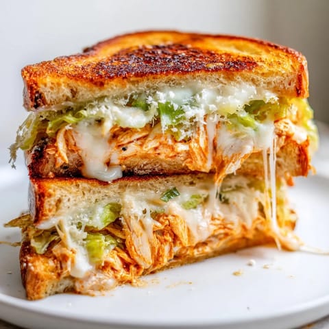 Buffalo Chicken Caesar Grilled Cheese sandwich melted to perfection, drizzled with creamy Caesar dressing and extra tangy buffalo sauce.  