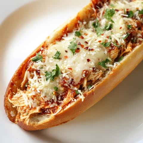 Freshly baked Chicken Parm Stuffed Garlic Bread reveals gooey cheese and tender chicken filling, garnished with parsley.