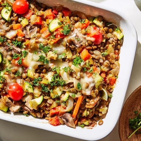 A hearty serving of Green Lentil and Vegetable Casserole with colorful vegetables on a rustic plate, perfect for dinner.