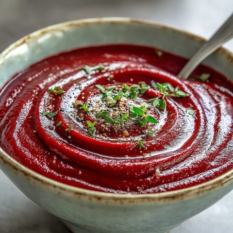 Velvety roasted beet soup garnished with thyme and a cream swirl for a comforting meal.