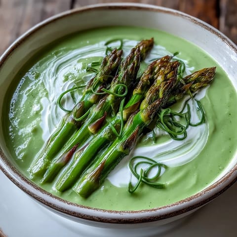 Bright green Asparagus Soup with a silky cream swirl, ideal for a light spring lunch or starter.