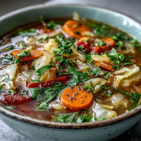 Hearty vegan Cabbage Soup served hot in a rustic mug with fresh parsley garnish.