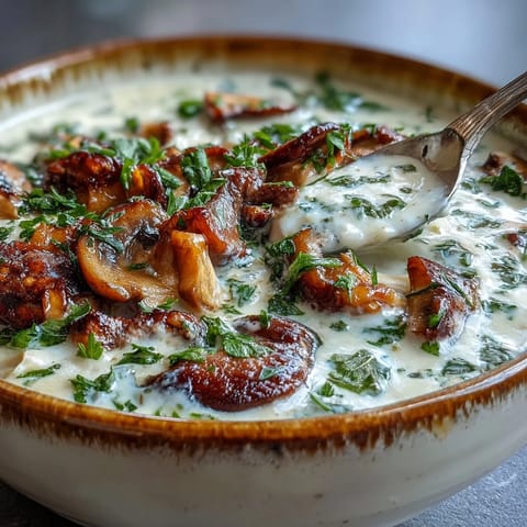 Hearty mushroom soup simmering with thyme, carrots, and celery for cozy dinners.