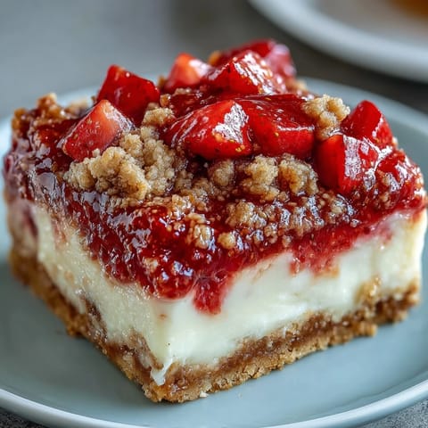 Creamy layered Strawberry Cheesecake Bars served chilled on a slate platter with fresh berries nearby.