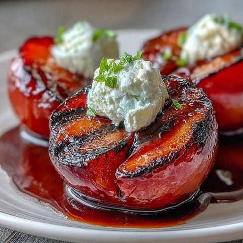 Freshly grilled plums with goat cheese dollops and balsamic glaze, plated on a rustic board for an easy summer appetizer.